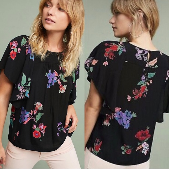 Maeve Tops - Anthropologie Maeve Prato Flutter Black Floral Blouse Womens XS